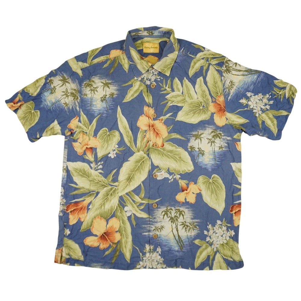 Tommy Bahama Button Up Shirt Mens Medium Blue Silk Floral Tropical Sunset Print
